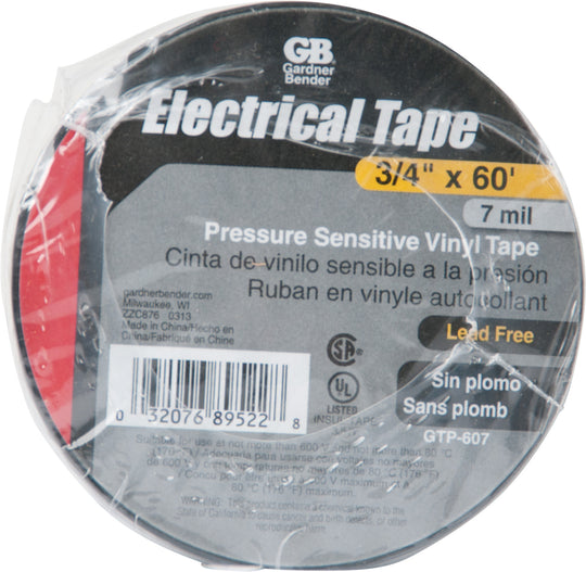 Gardner Bender Black Electrical Tape, 3/4 in. W x 60 Ft. L x 7 ml, Lead Free, PVC, (10/Pk Sleeve) , GTP-607