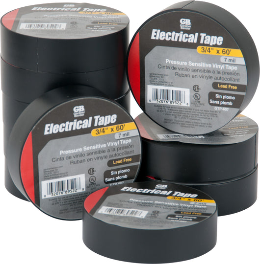 Gardner Bender Black Electrical Tape, 3/4 in. W x 60 Ft. L x 7 ml, Lead Free, PVC, (10/Pk Sleeve) , GTP-607