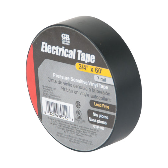 Gardner Bender Black Electrical Tape, 3/4 in. W x 60 Ft. L x 7 ml, Lead Free, PVC, (10/Pk Sleeve) , GTP-607
