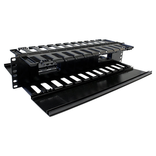 Quest Dual Front / Rear Horizontal Large Finger Duct 19" Cable Manager w/ Hinged Covers, 2U