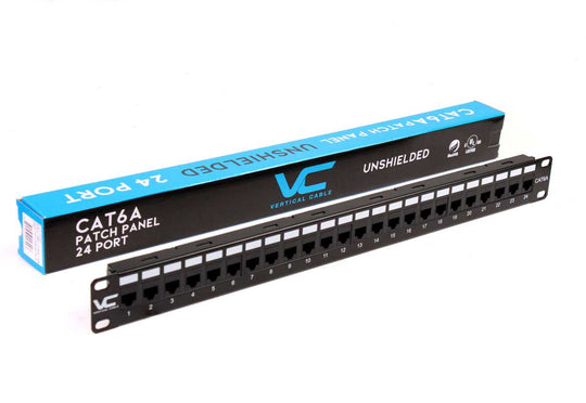 Vertical Cable 24 Port Cat6A Unshielded Patch Panel, 110 Type, 19" Rack Mountable