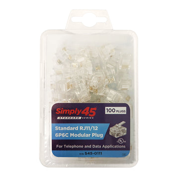Simply45 Standard RJ11/RJ12 Modular Plugs, Clear Tint - 100/Pack