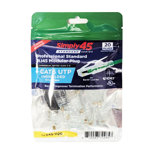 Simply45 Standard Cat6/6a UTP RJ45 Modular Plugs w/ Bar45™, Green Tint