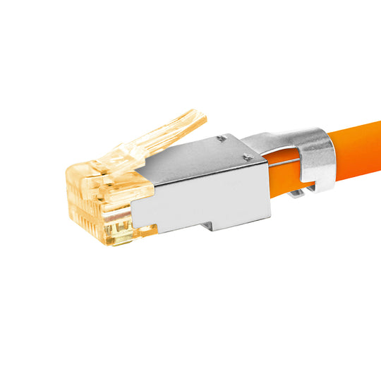 Simply45 Standard Cat7a/7/6a Shielded External Ground RJ45 Modular Plugs with Bar45™ Orange Tint, Hi/Lo Stagger - 50pcs/Jar