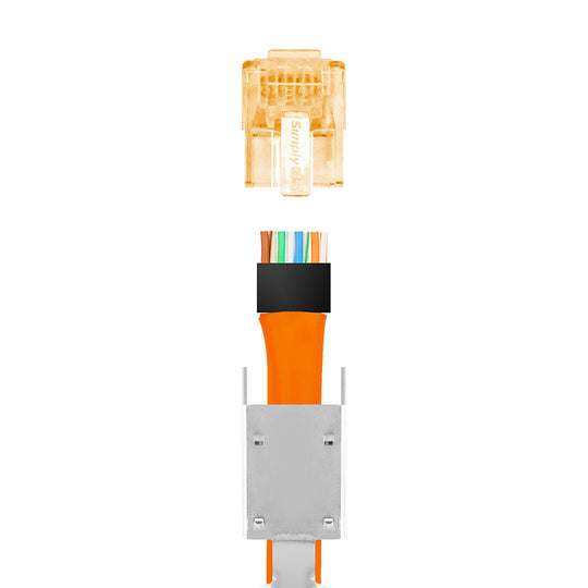 Simply45 Standard Cat7a/7/6a Shielded External Ground RJ45 Modular Plugs with Bar45™ Orange Tint, Hi/Lo Stagger - 50pcs/Jar