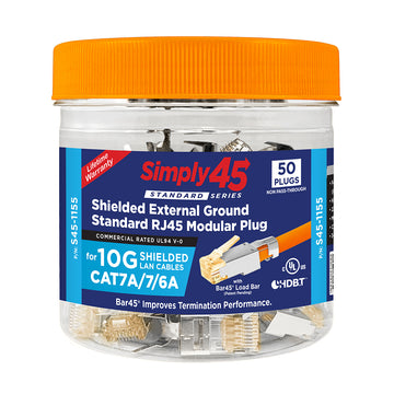 Simply45 Standard Cat7a/7/6a Shielded External Ground RJ45 Modular Plugs with Bar45™ Orange Tint, Hi/Lo Stagger - 50pcs/Jar