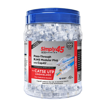 Simply45 ProSeries Cat5e Unshielded Pass-Through RJ45 Modular Plugs with Cap45® 500 pc/Jar