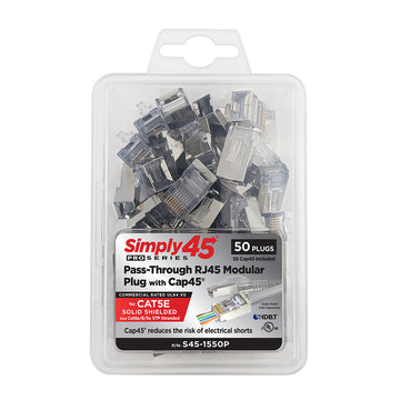 Simply45 Cat5e Solid Shielded Pass-Through RJ45 Modular Plugs with Cap45® 50 pc Clamshell