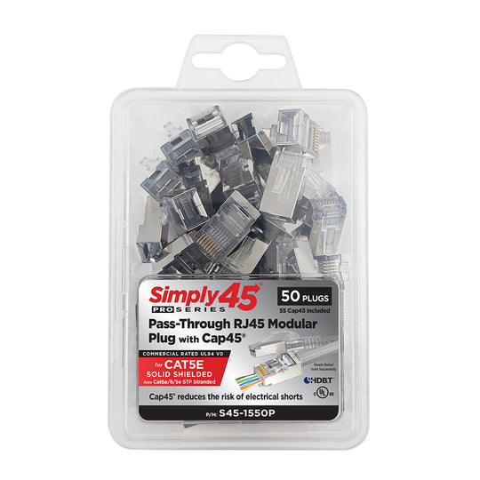 Simply45 Cat5e Solid Shielded Pass-Through RJ45 Modular Plugs with Cap45® 50 pc Clamshell