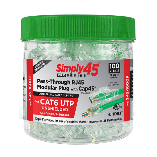 Simply45 ProSeries Cat6 Unshielded Pass-Through RJ45 Modular Plugs with Cap45®