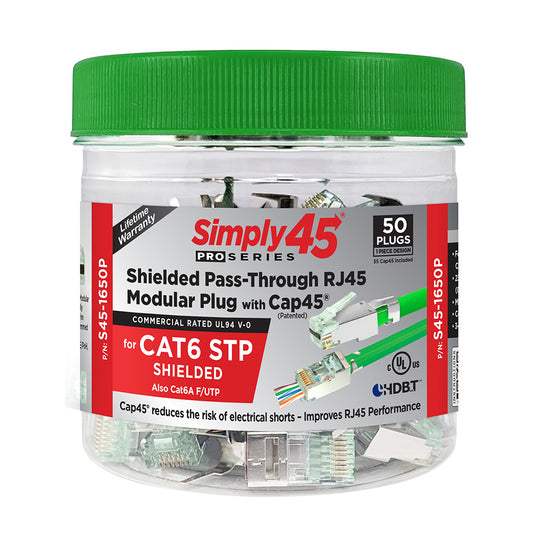 Simply45 ProSeries Cat6 Shielded External Ground Pass-Through RJ45 Modular Plugs with Cap45® - 50 Pack