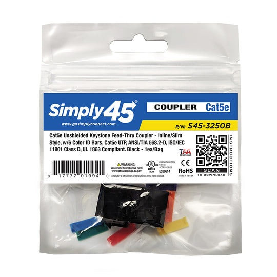 Simply45 Cat5E UTP Keystone Feed-Thru Coupler - w/6-Color Snap-On ID Bars Included. 1ea/Bag - 25/Pack