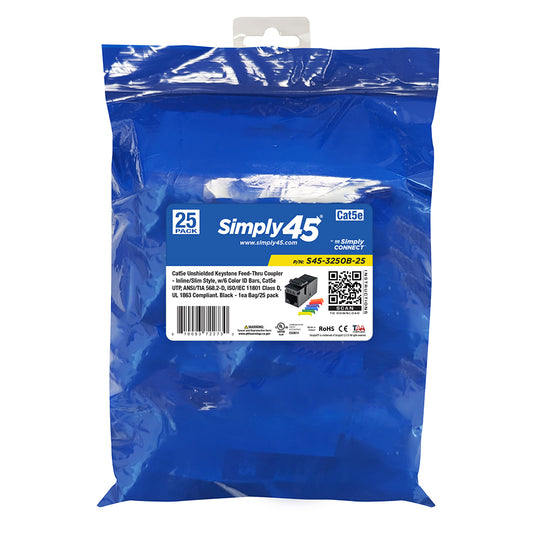 Simply45 Cat5E UTP Keystone Feed-Thru Coupler - w/6-Color Snap-On ID Bars Included. 1ea/Bag - 25/Pack
