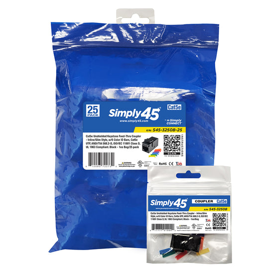 Simply45 Cat5E UTP Keystone Feed-Thru Coupler - w/6-Color Snap-On ID Bars Included. 1ea/Bag - 25/Pack