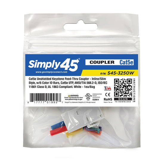 Simply45 Cat5E UTP Keystone Feed-Thru Coupler - w/6-Color Snap-On ID Bars Included. 1ea/Bag - 25/Pack