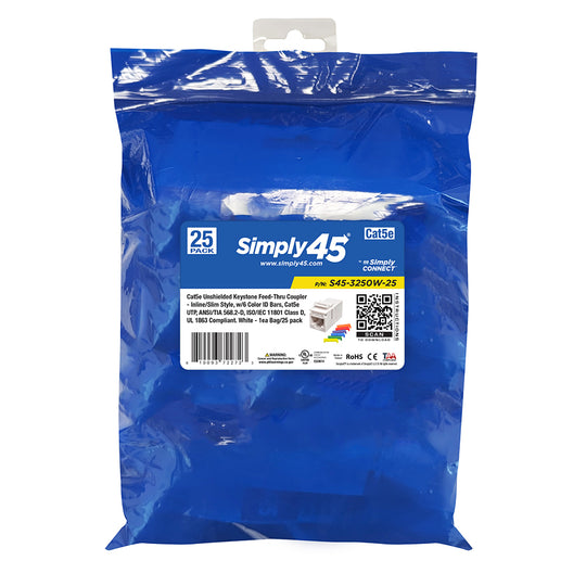 Simply45 Cat5E UTP Keystone Feed-Thru Coupler - w/6-Color Snap-On ID Bars Included. 1ea/Bag - 25/Pack