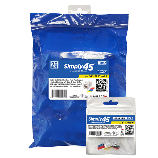Simply45 Cat5E UTP Keystone Feed-Thru Coupler - w/6-Color Snap-On ID Bars Included. 1ea/Bag - 25/Pack
