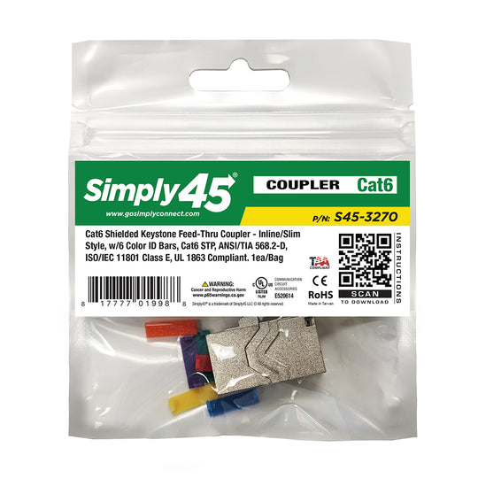 Simply45 Cat6 STP Keystone Feed-Thru Coupler w/6-Color Snap-On ID Bars - 25/Pack