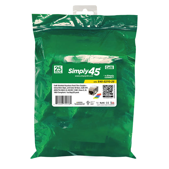 Simply45 Cat6 STP Keystone Feed-Thru Coupler w/6-Color Snap-On ID Bars - 25/Pack