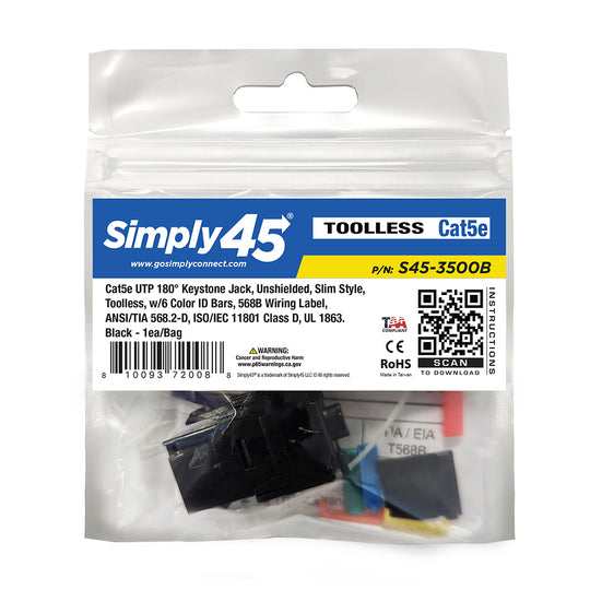 Simply45 Cat5e UTP 180° Keystone Jack, Toolless, Dust Cover, w/6-Color Snap-On ID Bars Included - 25/Pack