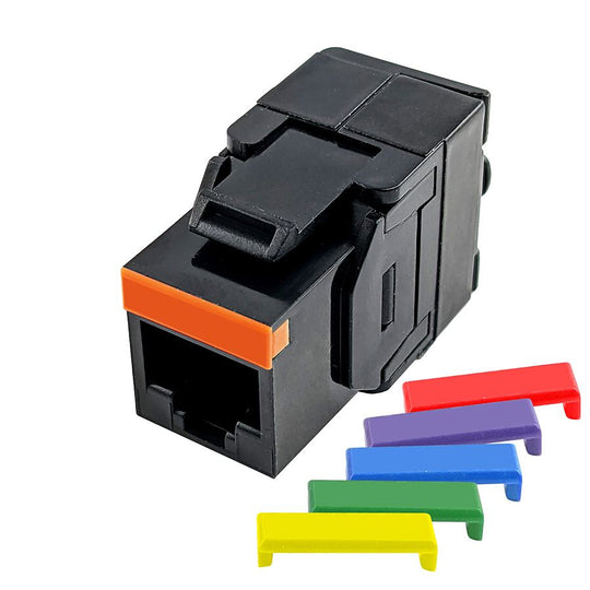 Simply45 Cat5e UTP 180° Keystone Jack, Toolless, Dust Cover, w/6-Color Snap-On ID Bars Included - 25/Pack