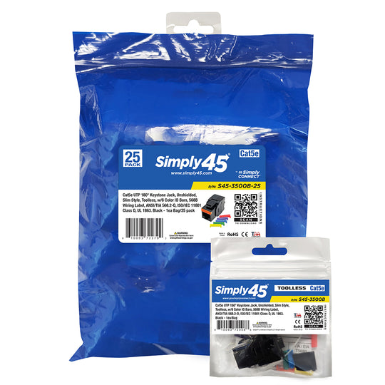 Simply45 Cat5e UTP 180° Keystone Jack, Toolless, Dust Cover, w/6-Color Snap-On ID Bars Included - 25/Pack