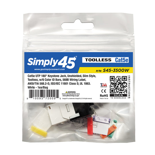 Simply45 Cat5e UTP 180° Keystone Jack, Toolless, Dust Cover, w/6-Color Snap-On ID Bars Included - 25/Pack