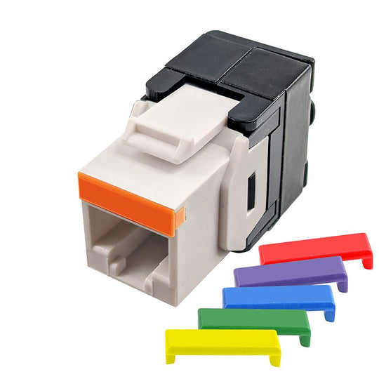Simply45 Cat5e UTP 180° Keystone Jack, Toolless, Dust Cover, w/6-Color Snap-On ID Bars Included - 25/Pack
