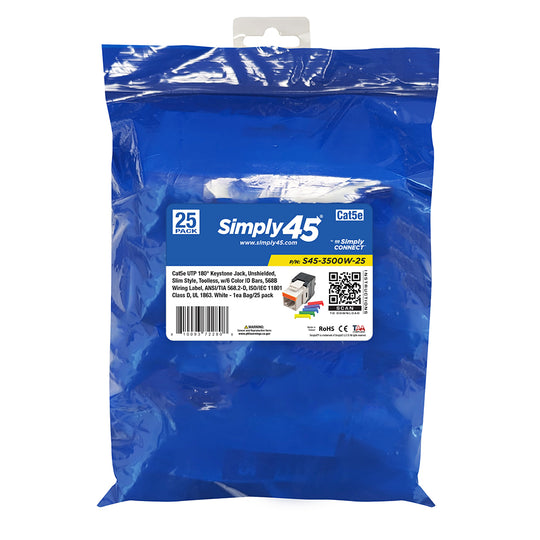 Simply45 Cat5e UTP 180° Keystone Jack, Toolless, Dust Cover, w/6-Color Snap-On ID Bars Included - 25/Pack