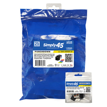 Simply45 Cat5e UTP 90° Keystone 110 Style, Dust Cover, IDC Cap, UL Listed - w/6-Color Snap-On ID Bars Included - 25/Pack