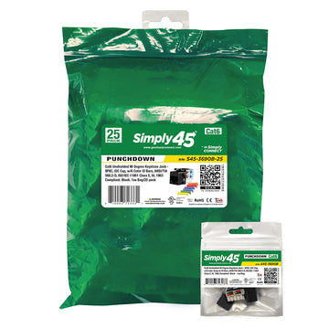 Simply45 Cat6 UTP 90° Keystone 110 Style, Dust Cover, IDC Cap, UL Listed, w/6-Color Snap-On ID Bars Included - 25/Pack