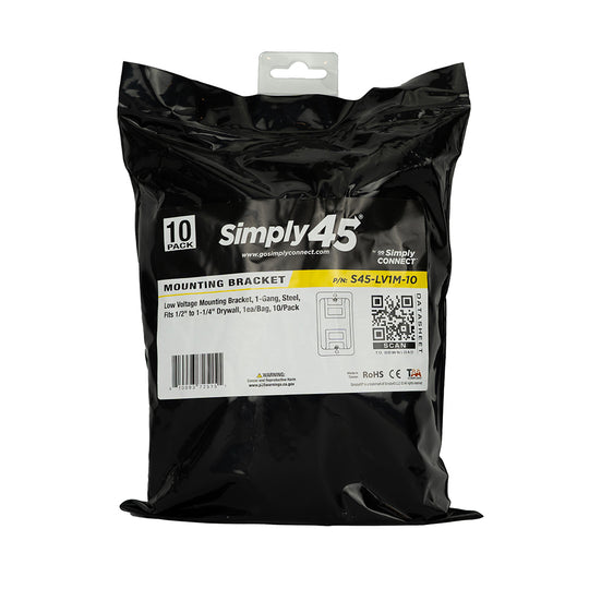 Simply45 Mounting Bracket, 1-Gang, Low Voltage, Cut-In, Steel, Fits 1/2" to 1-1/4" Drywall - 10/Pack