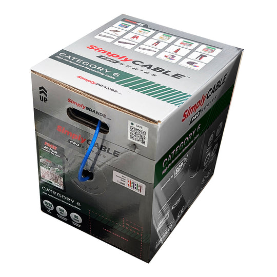 SimplyCABLE Cat6 Pro Series Indoor/Outdoor HDBaseT 550MHz 23AWG Solid BC, UTP, UL CMR/FT4, UV Sun Res PVC Jkt - 1000ft Box