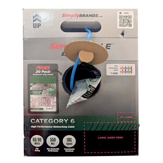 SimplyCABLE Cat6 Pro Series Indoor/Outdoor HDBaseT 550MHz 23AWG Solid BC, UTP, UL CMR/FT4, UV Sun Res PVC Jkt - 1000ft Box