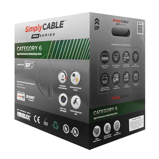 SimplyCABLE Cat6 Pro Series Indoor/Outdoor HDBaseT 550MHz 23AWG Solid BC, UTP, UL CMR/FT4, UV Sun Res PVC Jkt - 1000ft Box