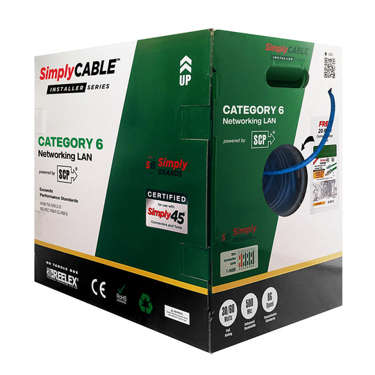 Simply Cable Cat6 Installer Series 500MHz 23AWG Solid BC, UTP, CMR ETL, PVC Jkt - 1000ft Box