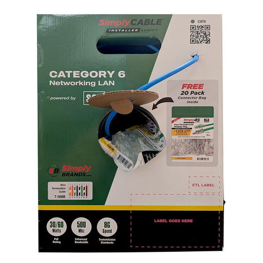 Simply Cable Cat6 Installer Series 500MHz 23AWG Solid BC, UTP, CMR ETL, PVC Jkt - 1000ft Box