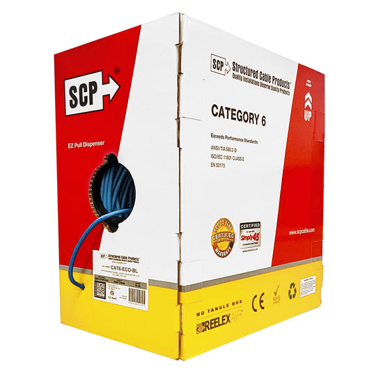 SCP Cat6 250+Mhz 24AWG Solid BC, UTP, ETL CMR, PoE 30W (Type 2), RoHS, PVC - 1000ft Box