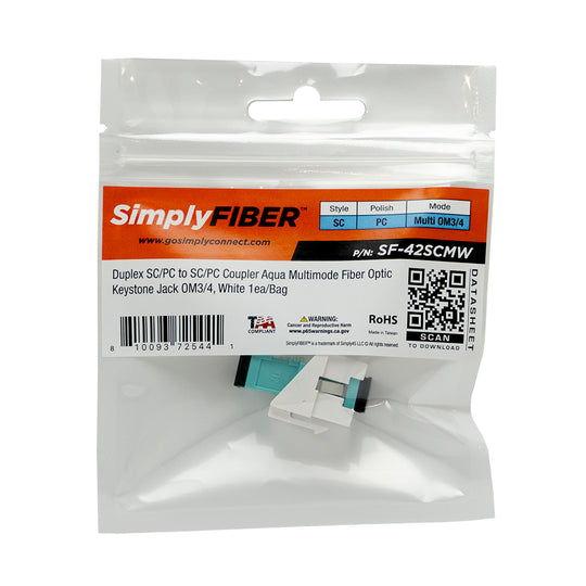 SimplyFIBER Duplex SC/PC to SC/PC Aqua Multimode Fiber Optic Keystone Jack OM3/4