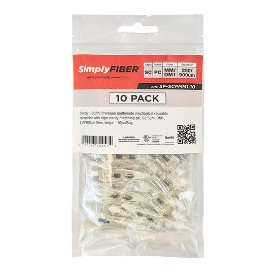 SimplyFIBER SC/PC Multimode Mechanical Connector w/ High Clarity Matching Gel, 62.5µm, OM1, 250/900µm Fiber, Beige