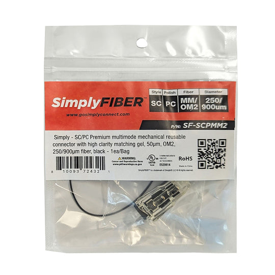 SimplyFIBER SC/PC Multimode Mechanical Connector w/ High Clarity Matching Gel, 50µm, OM2, 250/900µm Fiber, Black