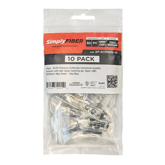 SimplyFIBER SC/PC Multimode Mechanical Connector w/ High Clarity Matching Gel, 50µm, OM2, 250/900µm Fiber, Black