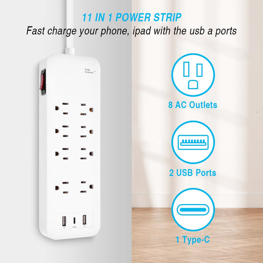 3Ft 8-Outlet Surge Protector 2USB-A+1USB-C,14AWG/3, 15A, 2450J