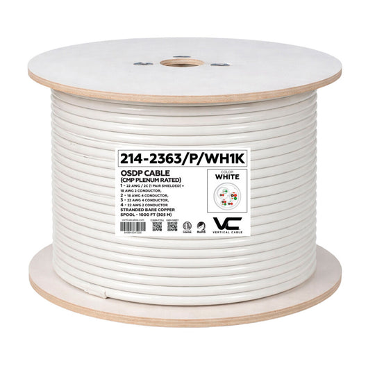 Vertial Cable OSDP Cable, 22/2 Shielded + 18/2 + 18/4 + 22/4 + 22/2, Plenum-Rated (CMP), Stranded Copper - 1000ft Spool White