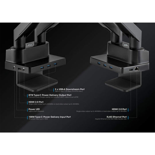 Manhattan Aluminum Gas Spring Dual Monitor Desk Mount with 8-in-1 Docking Station