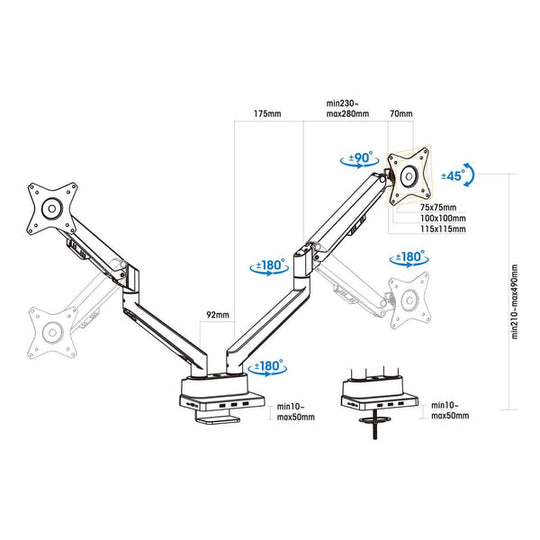 Manhattan Aluminum Gas Spring Dual Monitor Desk Mount with 8-in-1 Docking Station