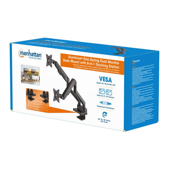 Manhattan Aluminum Gas Spring Dual Monitor Desk Mount with 8-in-1 Docking Station