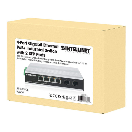 Intellinet Industrial 4-Port Gigabit Ethernet PoE+ Switch with 2 SFP Ports, 508254