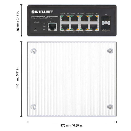 Intellinet Industrial 8-Port Gigabit Ethernet PoE+ Layer 2+ Web-Managed Switch with 2 SFP Ports, 508278