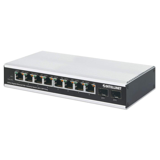 Intellinet Industrial 8-Port Gigabit Ethernet PoE+ Switch with 2 SFP Ports, 508261